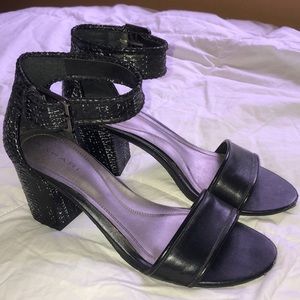 Black and white ankle strap heels